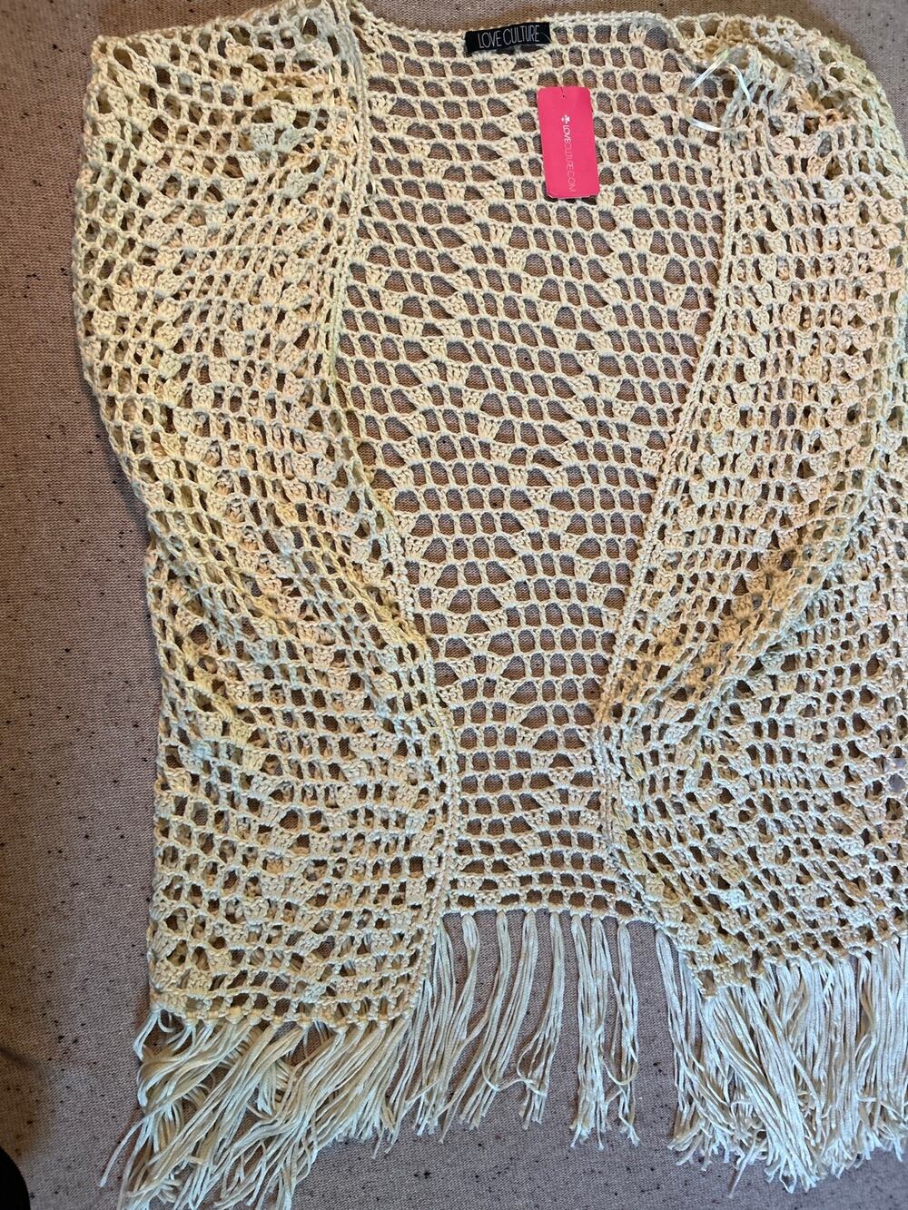 Boho Open Knit Crochet Fringe Vest M/L Beige NWT Festival Western
